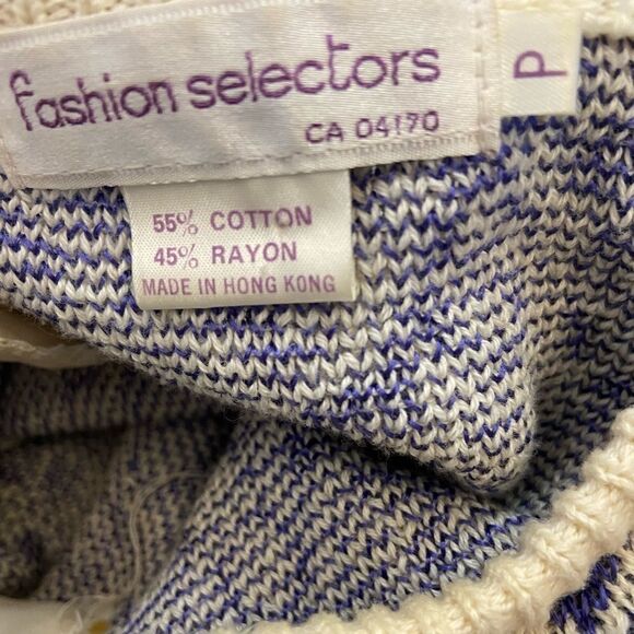 VINTAGE Knit Blue&Ivory Printed Long Sleeve Button Detail Shoulder Padded Dress - Picture 4 of 8